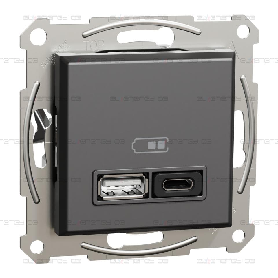 Asfora, USB зарядно A+C, 3A, 45W, без рамка, антрацит