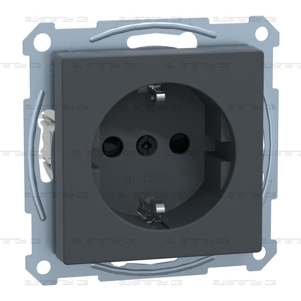 Контакт Шуко със защита, Merten System M, механизъм с фиксираща рамка, 2P + E, 16A, безвинтови клеми, мат, антрацит