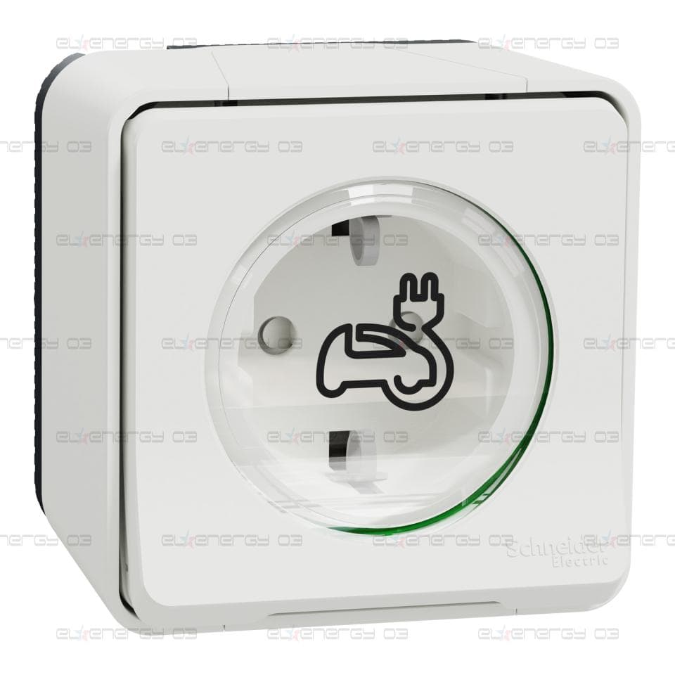 Подсилен контакт за зареждане на електромобили, Mureva Styl, 2P + E с капак, 16A, 250V, открит монтаж, бял