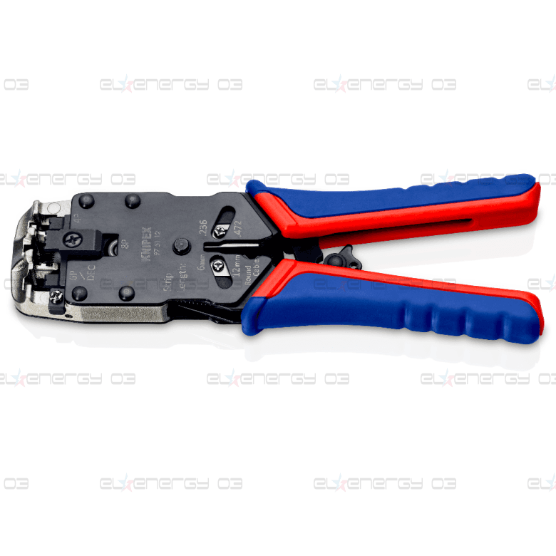 Инструмент за кримпване на RJ45, RJ11 и RJ10, заголване и рязане, синьо-червена ръкохватка 200мм, с пружина, Knipex