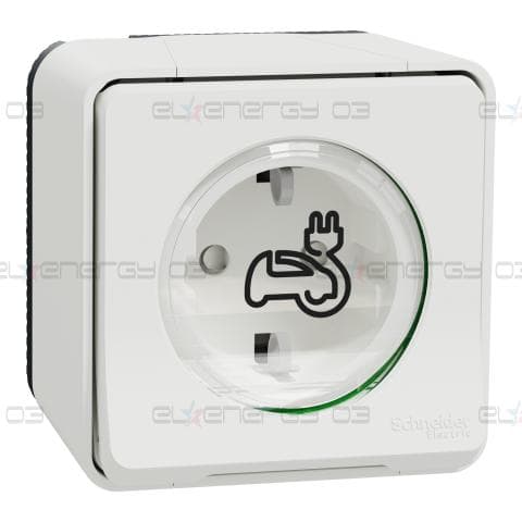 Подсилен контакт за зареждане на електромобили, Mureva Styl, 2P + E с капак, 16A, 250V, открит монтаж, бял