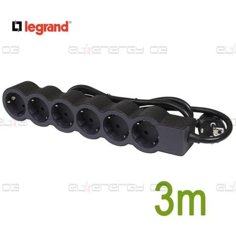 Разклонител ЧЕРЕН 6x2P+E с кабел 3 метра / 3×1.5мм2 Standard NEW Legrand