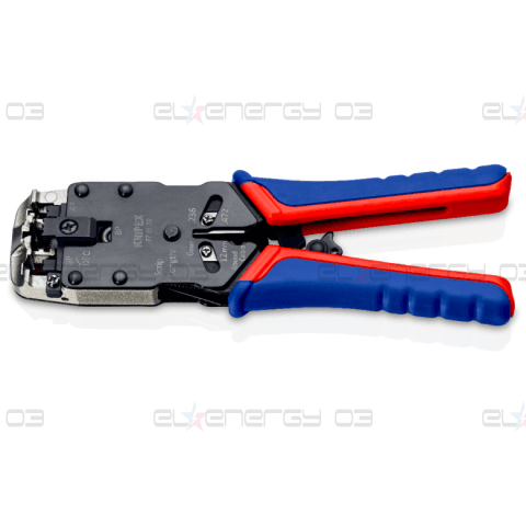 Инструмент за кримпване на RJ45, RJ11 и RJ10, заголване и рязане, синьо-червена ръкохватка 200мм, с пружина, Knipex